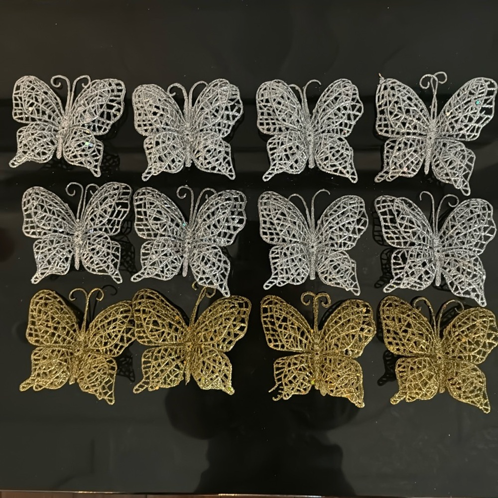 Gold & Silver Sparkly Clip-on Butterfly Ornaments For Christmas Or Other Decor